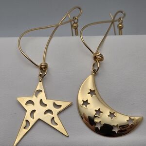 Celestial Star & Moon Mismatched Dangle Earrings Gold Tone Handmade